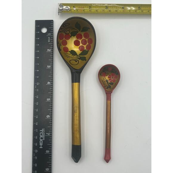 Russian Khokhlma Folk Art Collection Handmade‎ Wooden Spoons And Plate Floral - Picture 7 of 8